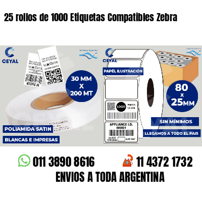 25 rollos de 1000 Etiquetas Compatibles Zebra 