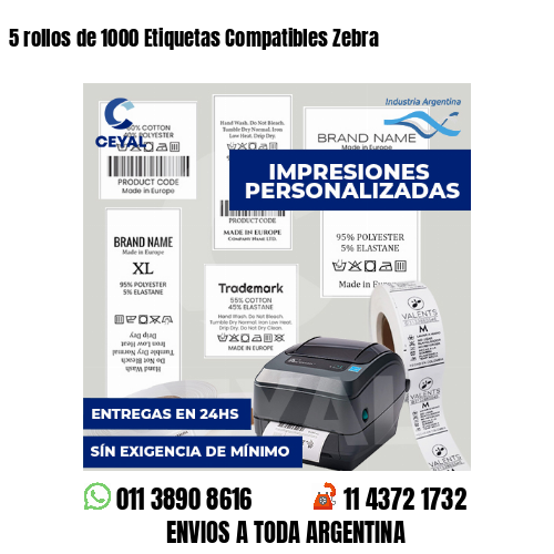 5 rollos de 1000 Etiquetas Compatibles Zebra 