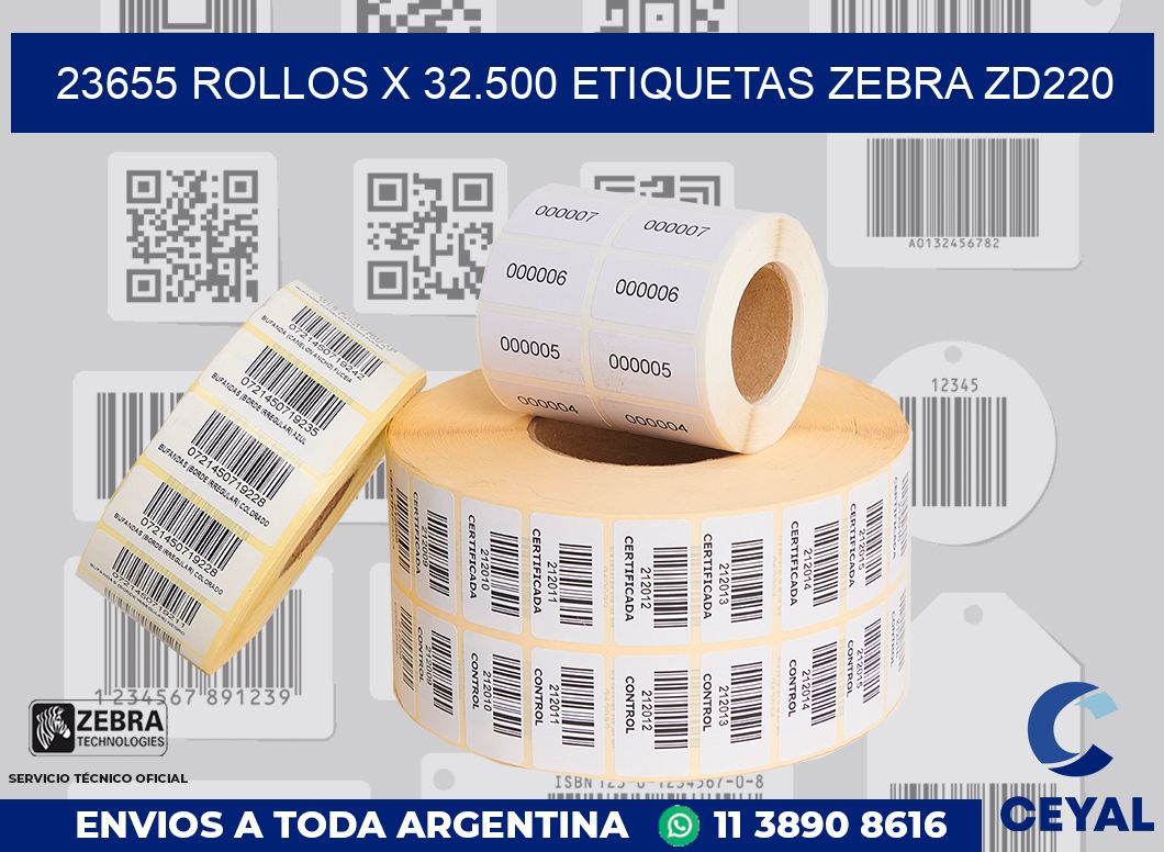 23655 Rollos x 32.500 etiquetas zebra zd220