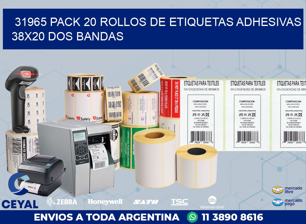 31965 PACK 20 ROLLOS DE ETIQUETAS ADHESIVAS 38X20 DOS BANDAS