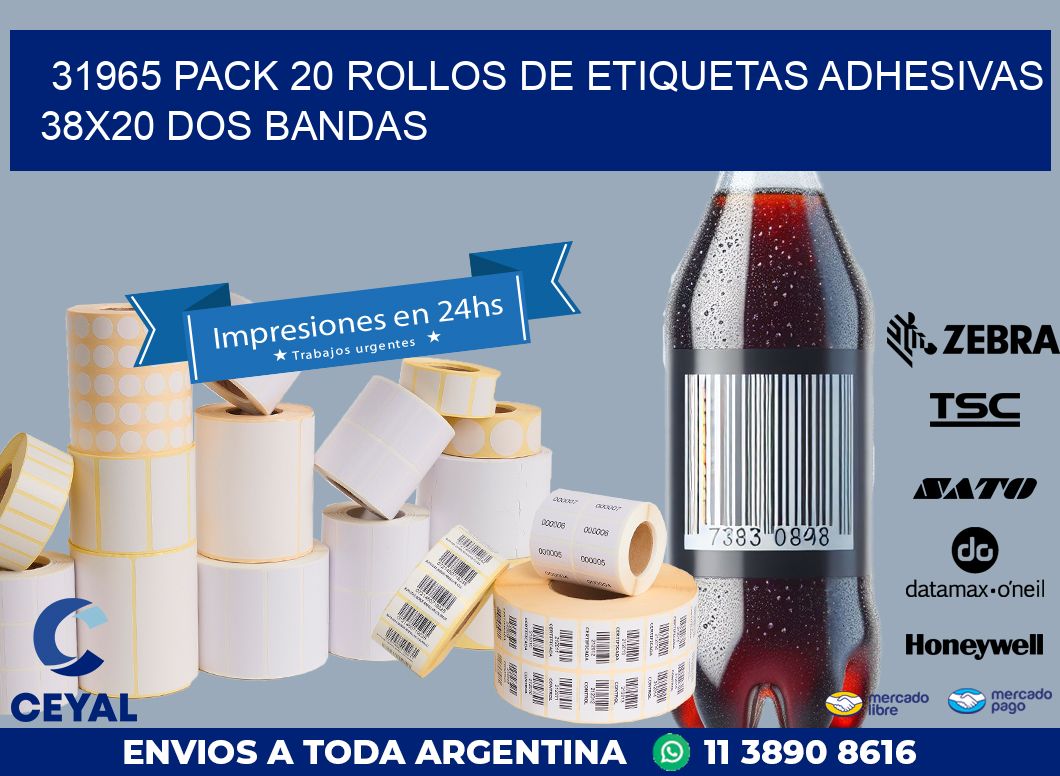 31965 PACK 20 ROLLOS DE ETIQUETAS ADHESIVAS 38X20 DOS BANDAS