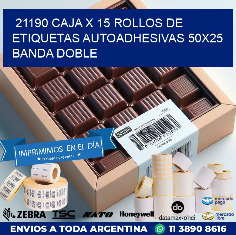 21190 CAJA X 15 ROLLOS DE ETIQUETAS AUTOADHESIVAS 50X25 BANDA DOBLE