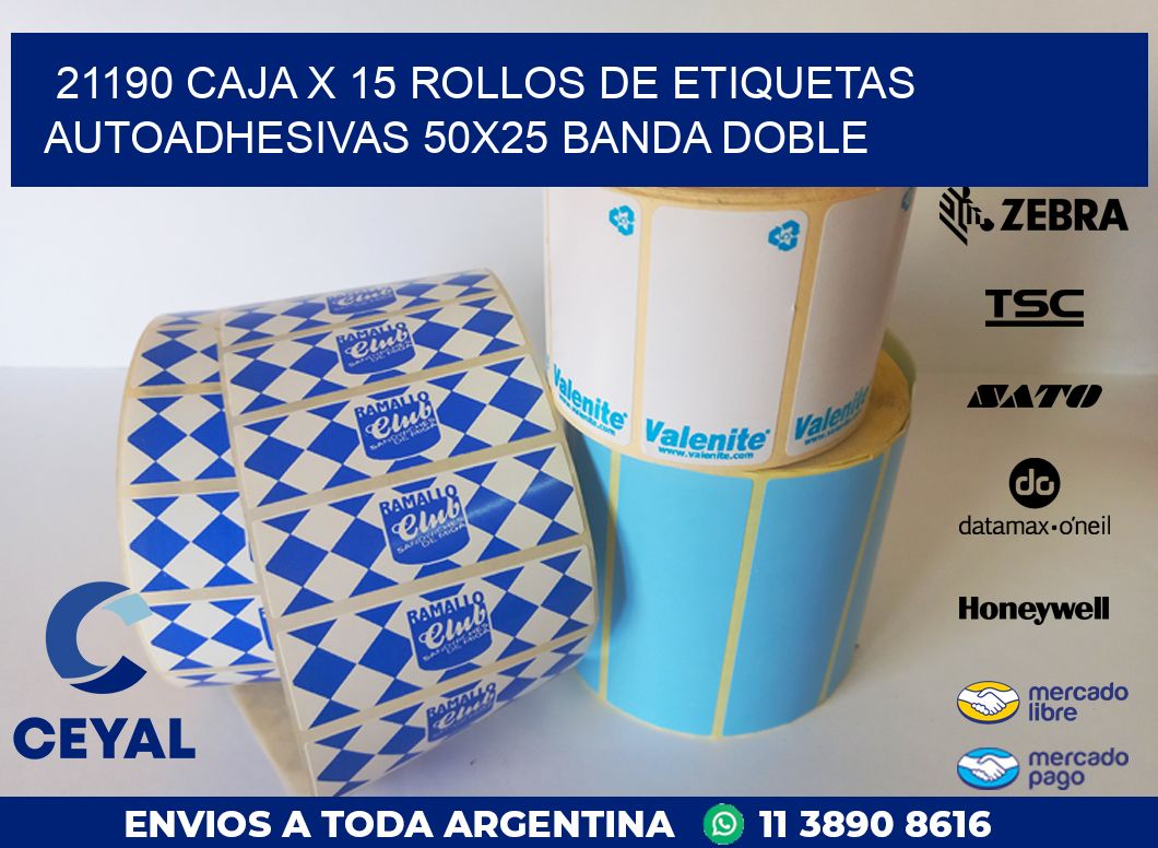 21190 CAJA X 15 ROLLOS DE ETIQUETAS AUTOADHESIVAS 50X25 BANDA DOBLE