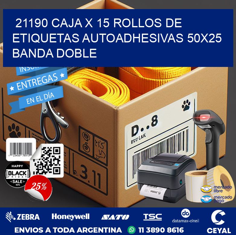 21190 CAJA X 15 ROLLOS DE ETIQUETAS AUTOADHESIVAS 50X25 BANDA DOBLE