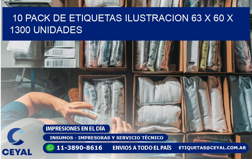 10 PACK DE ETIQUETAS ILUSTRACION 63 x 60 X 1300 UNIDADES