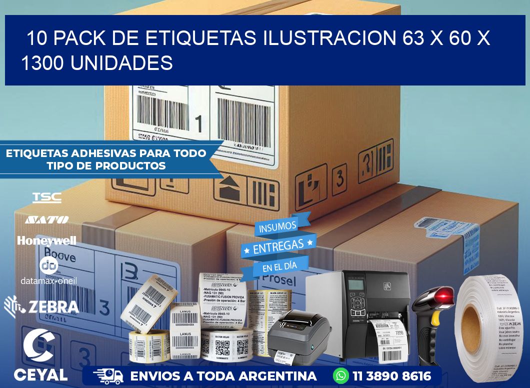 10 PACK DE ETIQUETAS ILUSTRACION 63 x 60 X 1300 UNIDADES