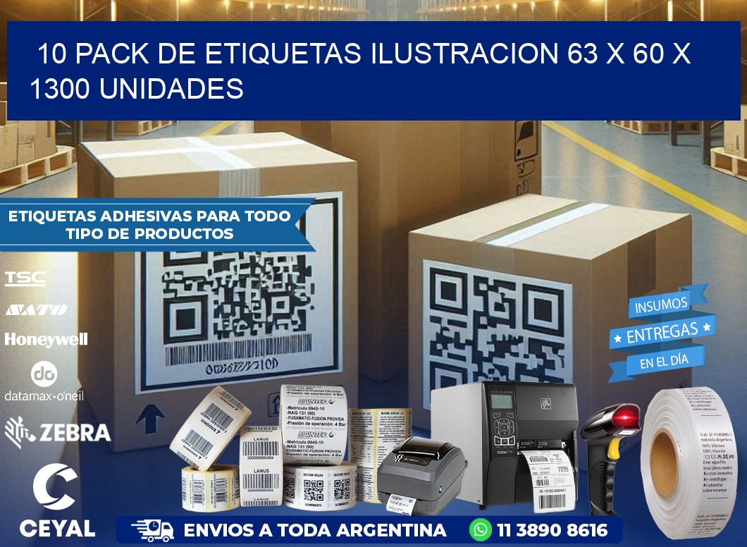 10 PACK DE ETIQUETAS ILUSTRACION 63 x 60 X 1300 UNIDADES