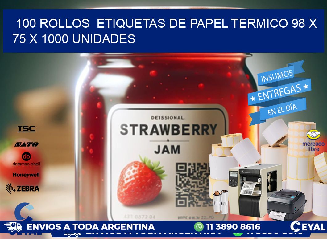 100 ROLLOS  ETIQUETAS DE PAPEL TERMICO 98 x 75 X 1000 UNIDADES