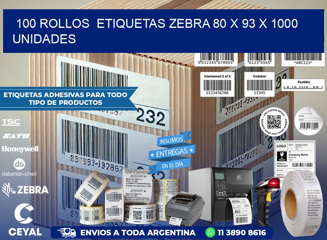 100 ROLLOS  ETIQUETAS ZEBRA 80 x 93 X 1000 UNIDADES