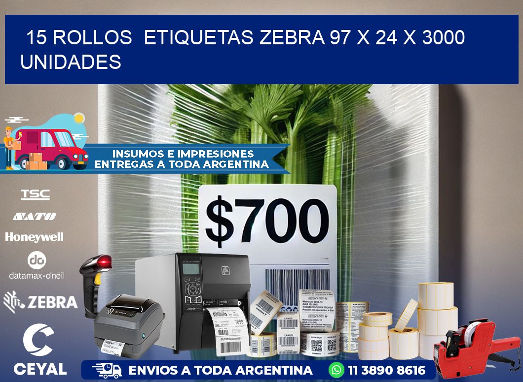 15 ROLLOS  ETIQUETAS ZEBRA 97 x 24 X 3000 UNIDADES