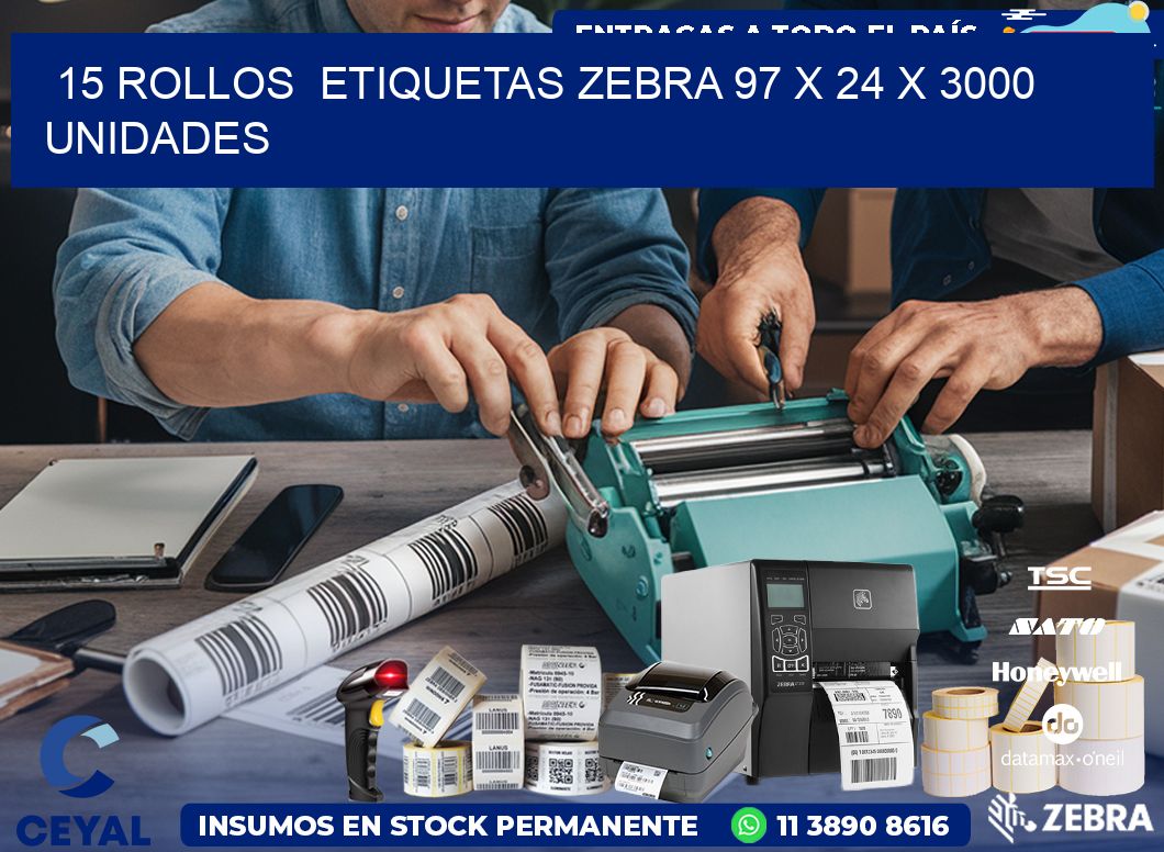 15 ROLLOS  ETIQUETAS ZEBRA 97 x 24 X 3000 UNIDADES