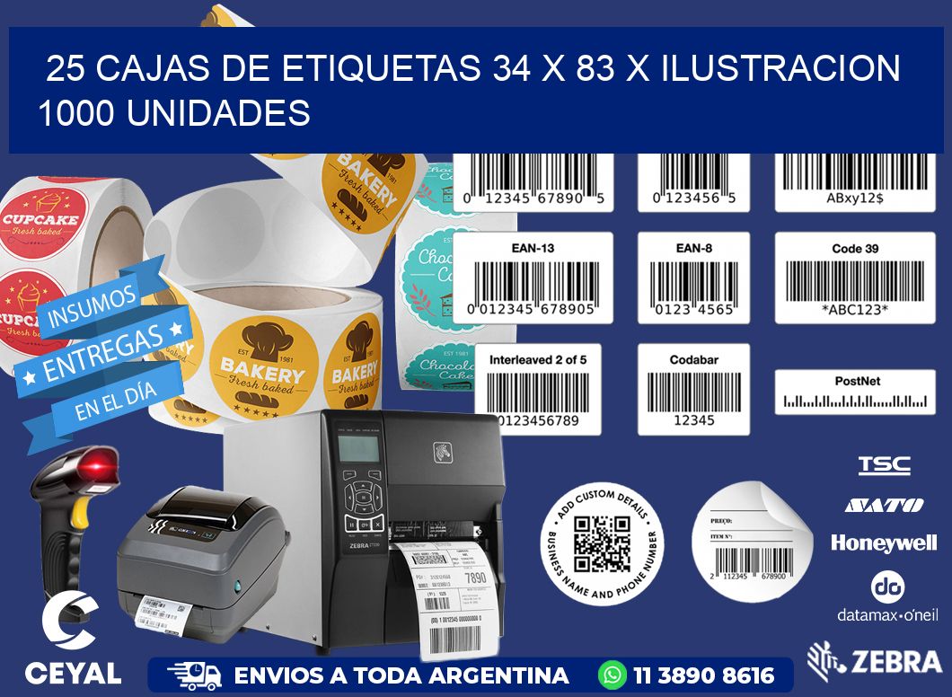 25 CAJAS DE ETIQUETAS 34 x 83 X ILUSTRACION 1000 UNIDADES