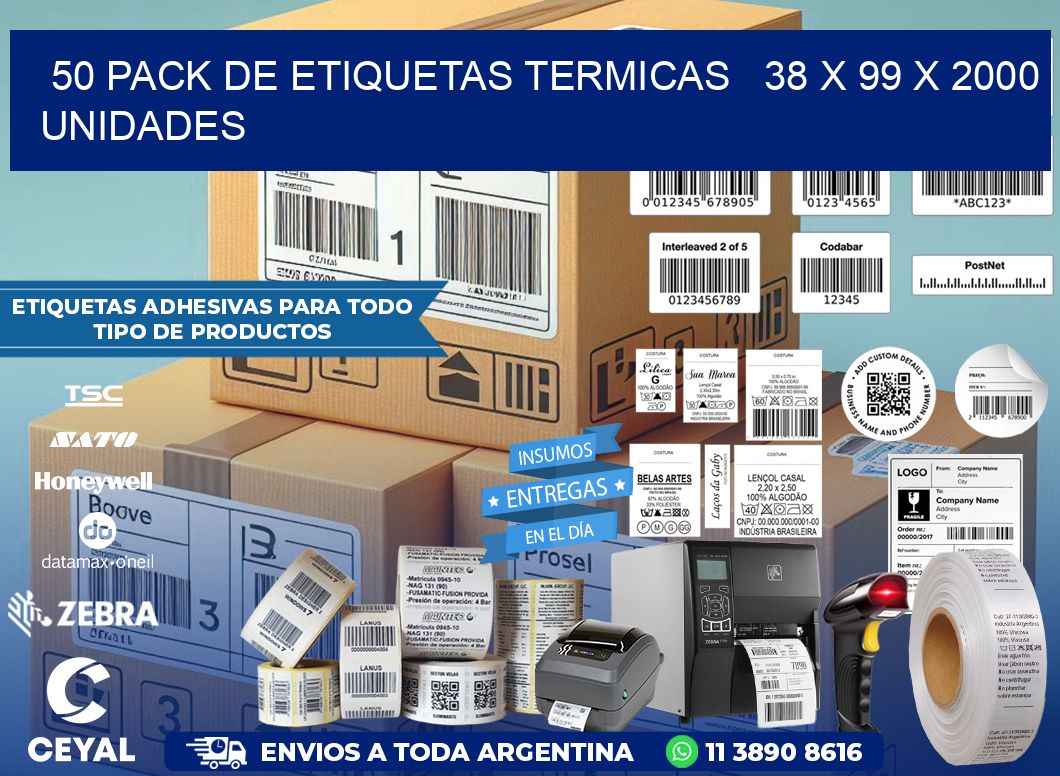 50 PACK DE ETIQUETAS TERMICAS   38 x 99 X 2000 UNIDADES