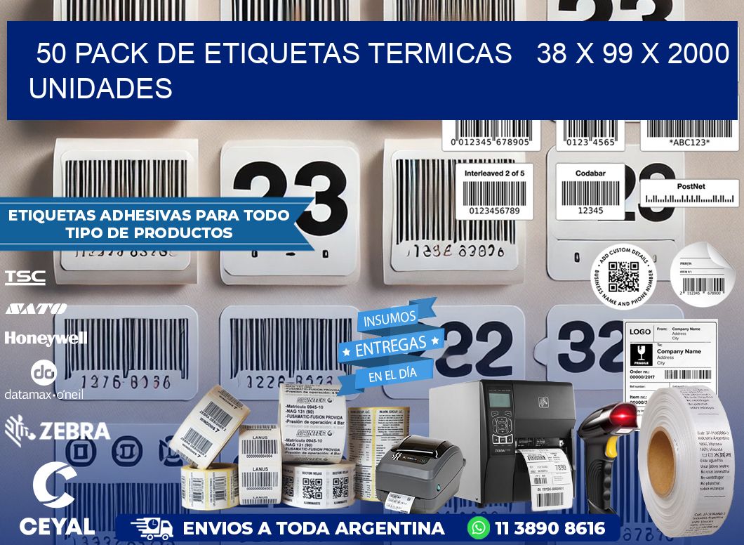 50 PACK DE ETIQUETAS TERMICAS   38 x 99 X 2000 UNIDADES