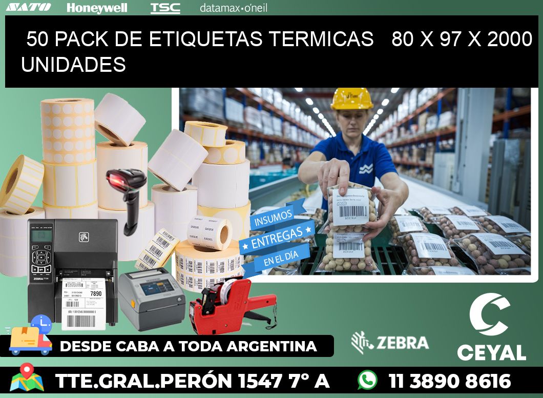 50 PACK DE ETIQUETAS TERMICAS   80 x 97 X 2000 UNIDADES