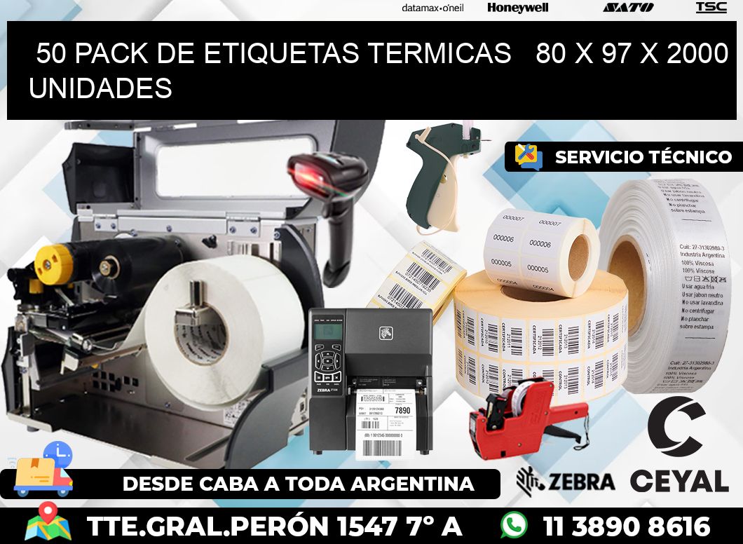 50 PACK DE ETIQUETAS TERMICAS   80 x 97 X 2000 UNIDADES