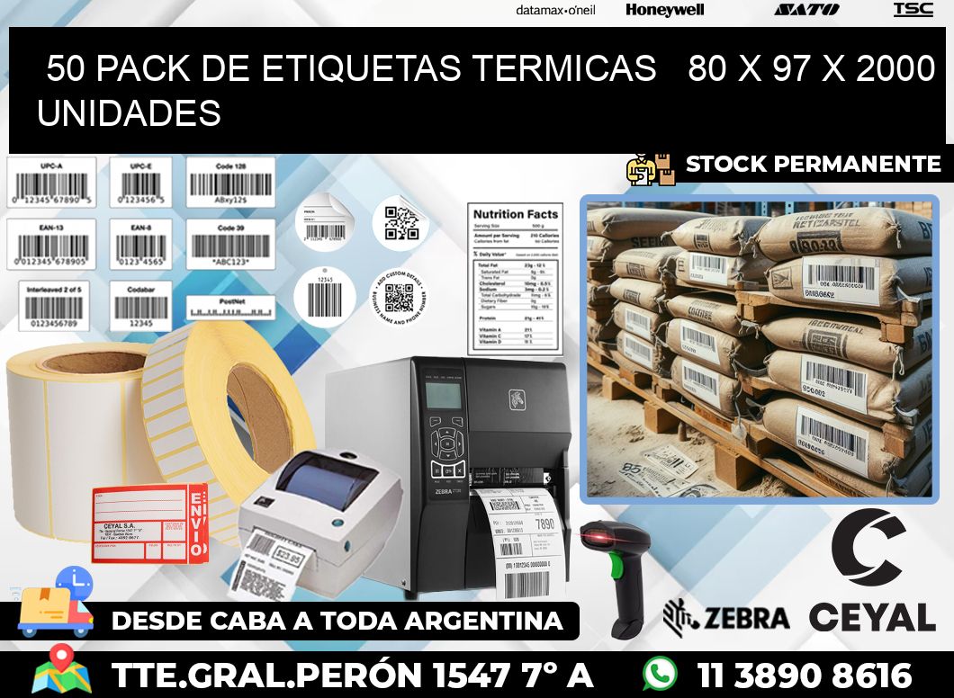 50 PACK DE ETIQUETAS TERMICAS   80 x 97 X 2000 UNIDADES