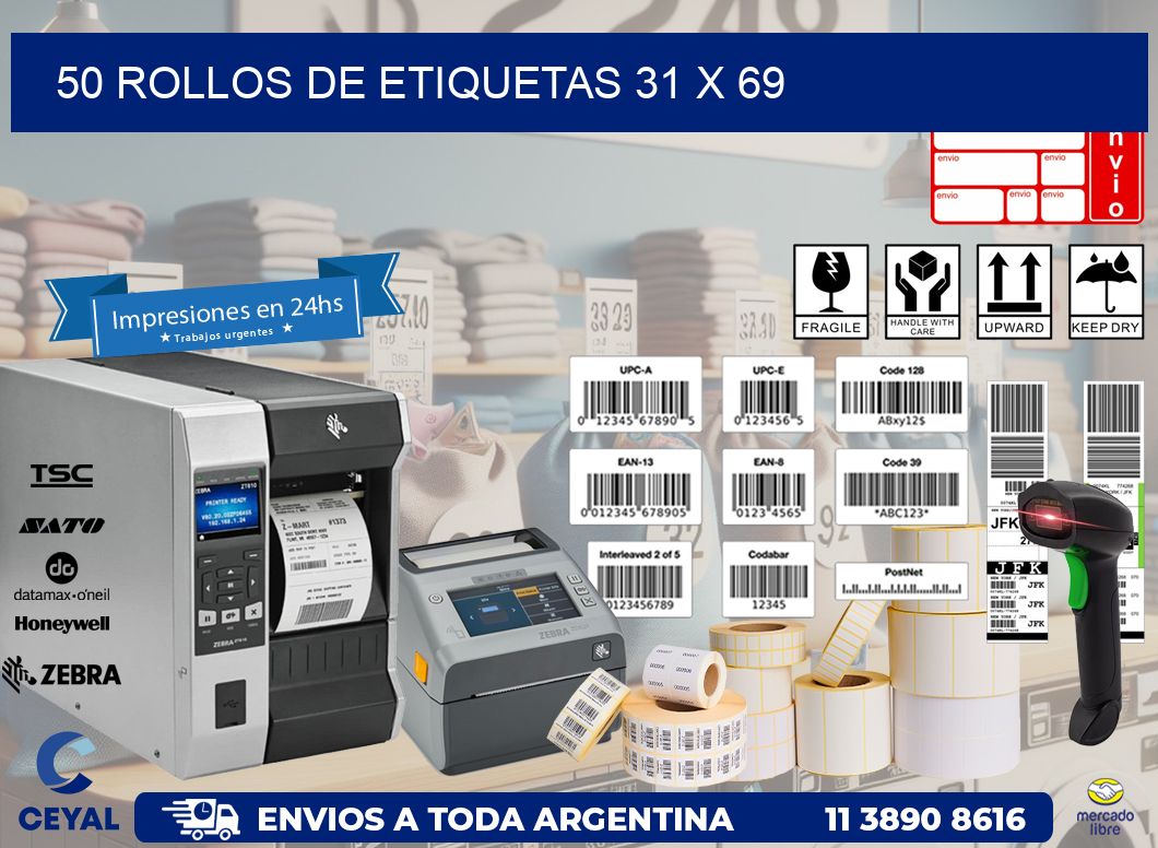 50 ROLLOS DE ETIQUETAS 31 x 69