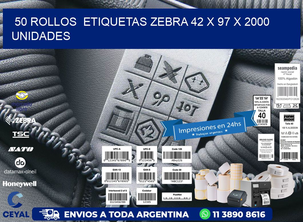 50 ROLLOS  ETIQUETAS ZEBRA 42 x 97 X 2000 UNIDADES