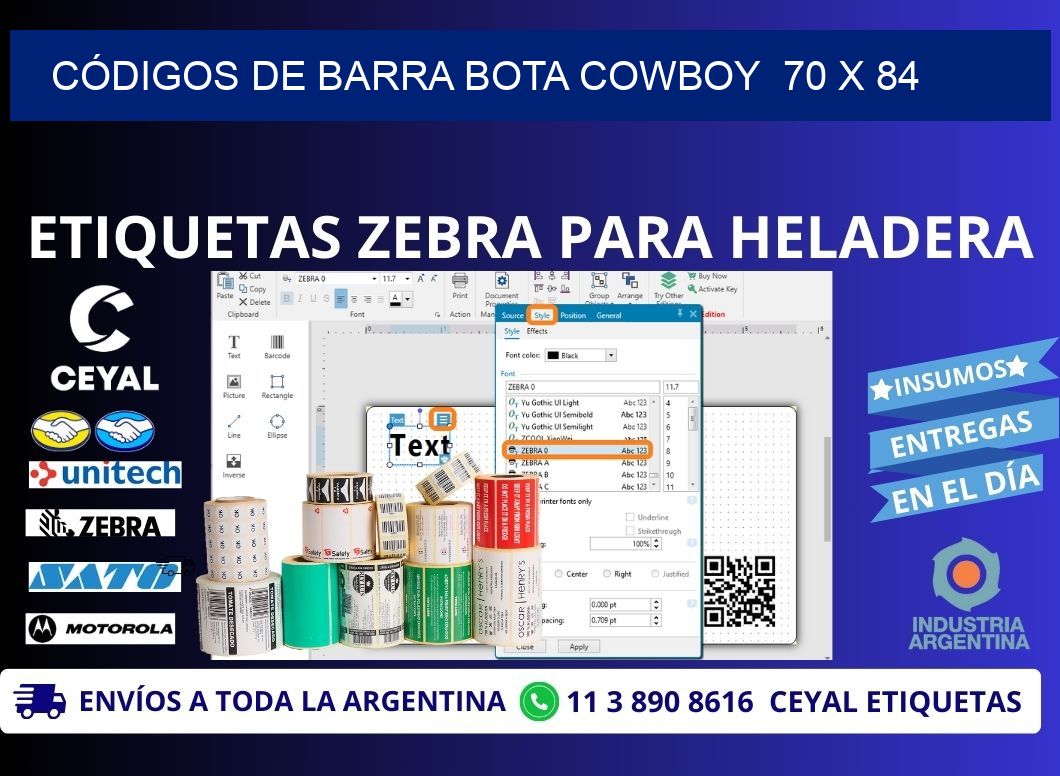 CÓDIGOS DE BARRA BOTA COWBOY  70 x 84