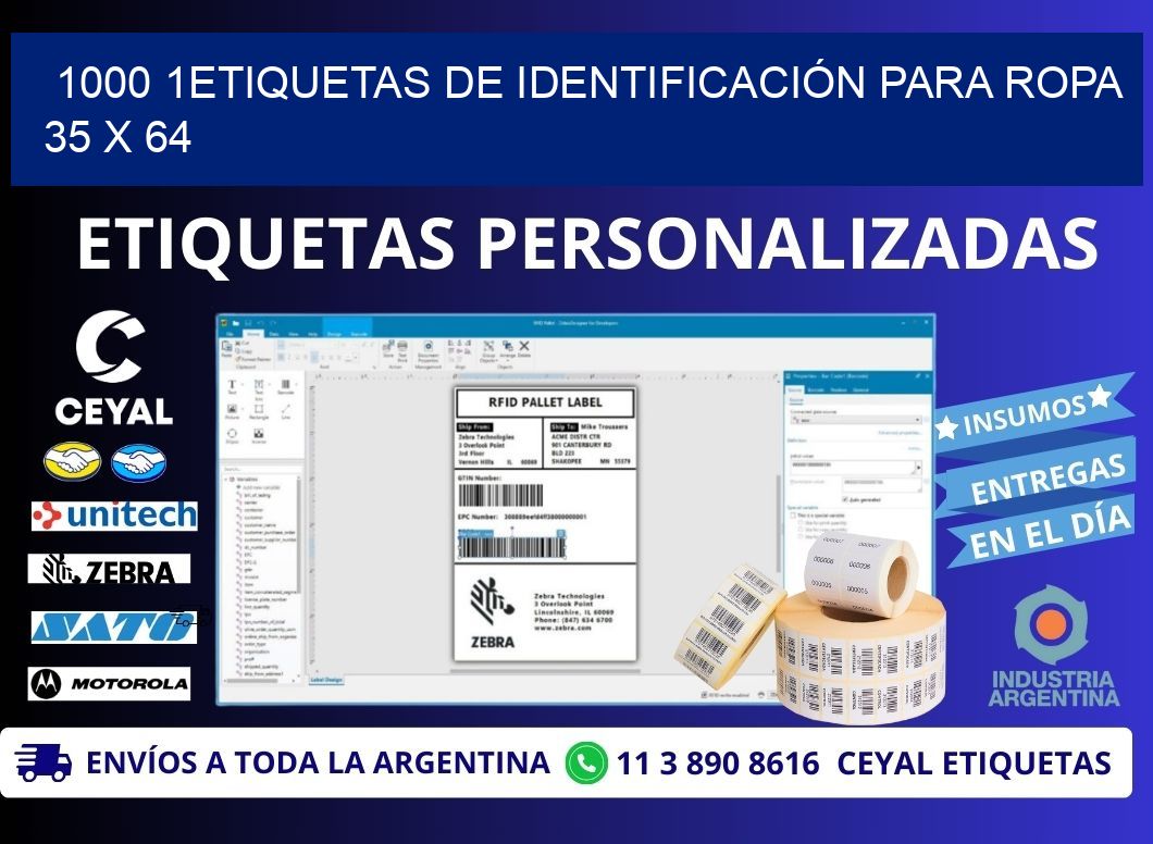 1000 1ETIQUETAS DE IDENTIFICACIÓN PARA ROPA 35 x 64