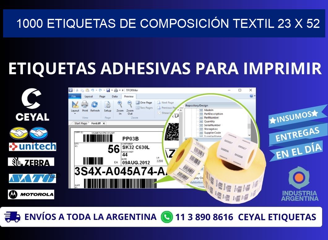 1000 ETIQUETAS DE COMPOSICIÓN TEXTIL 23 x 52