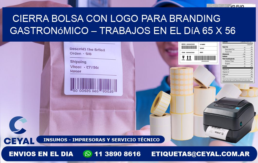 Cierra bolsa con logo para branding gastronómico – Trabajos en el día 65 x 56