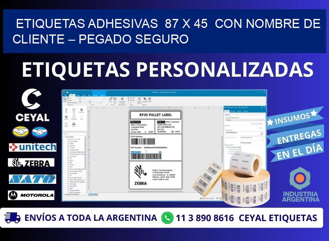 Etiquetas Adhesivas  87 x 45  con Nombre de Cliente – Pegado Seguro